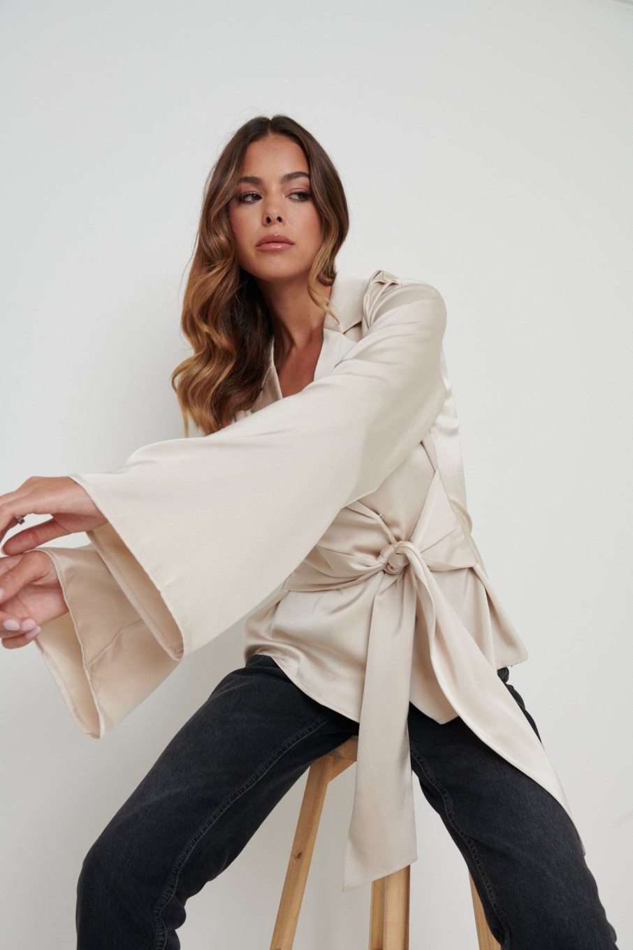 Clothing Pretty Lavish | Louis Satin Wrap Blouse Champagne