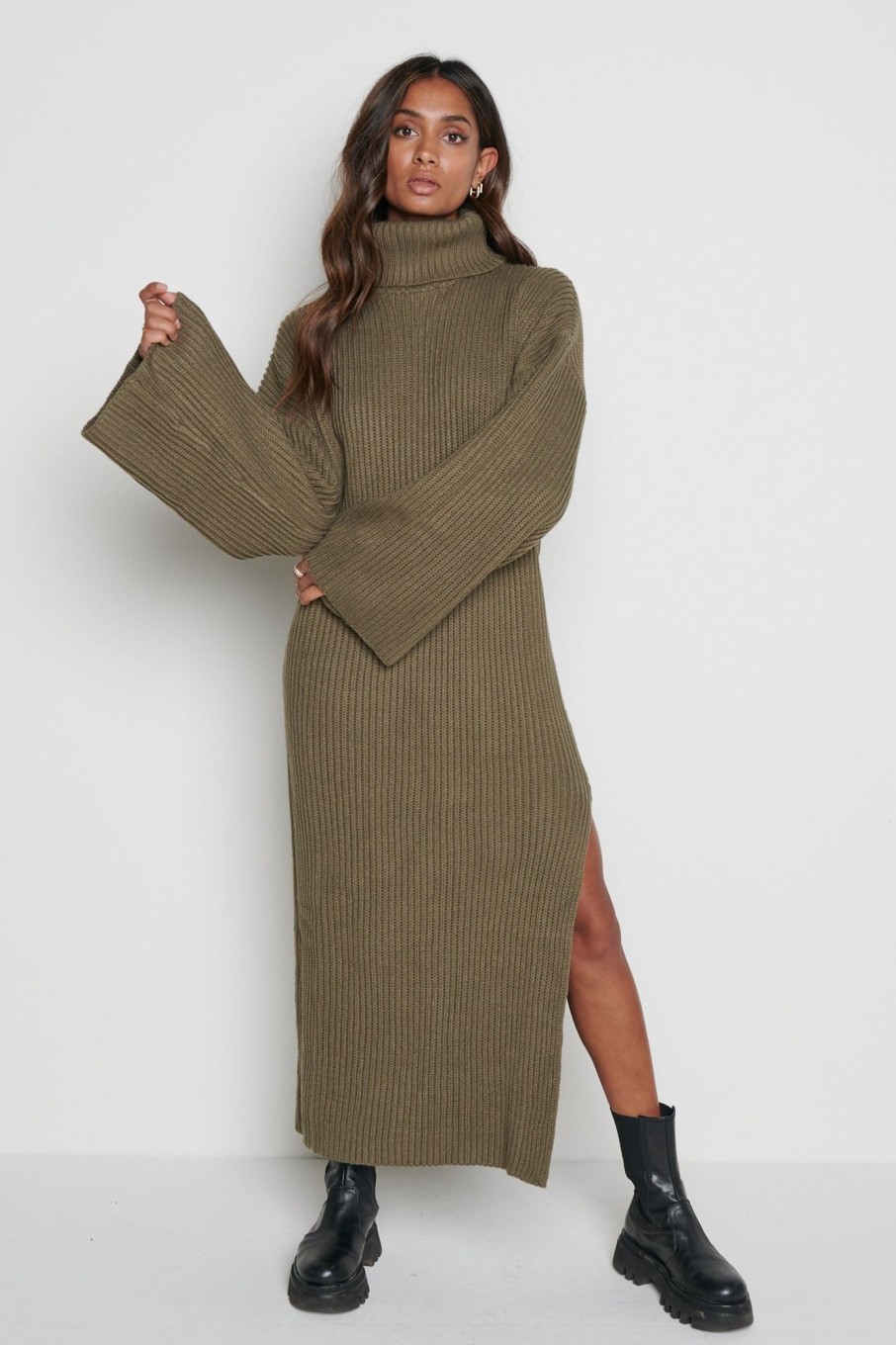 Clothing Pretty Lavish | Hattie Ribbed Jumper Dress Khaki