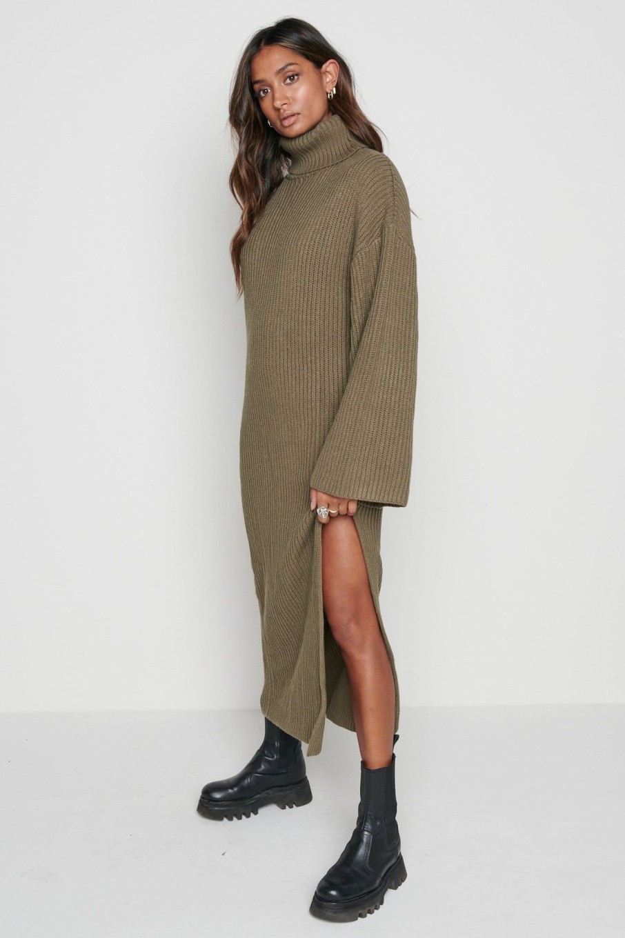 Clothing Pretty Lavish | Hattie Ribbed Jumper Dress Khaki