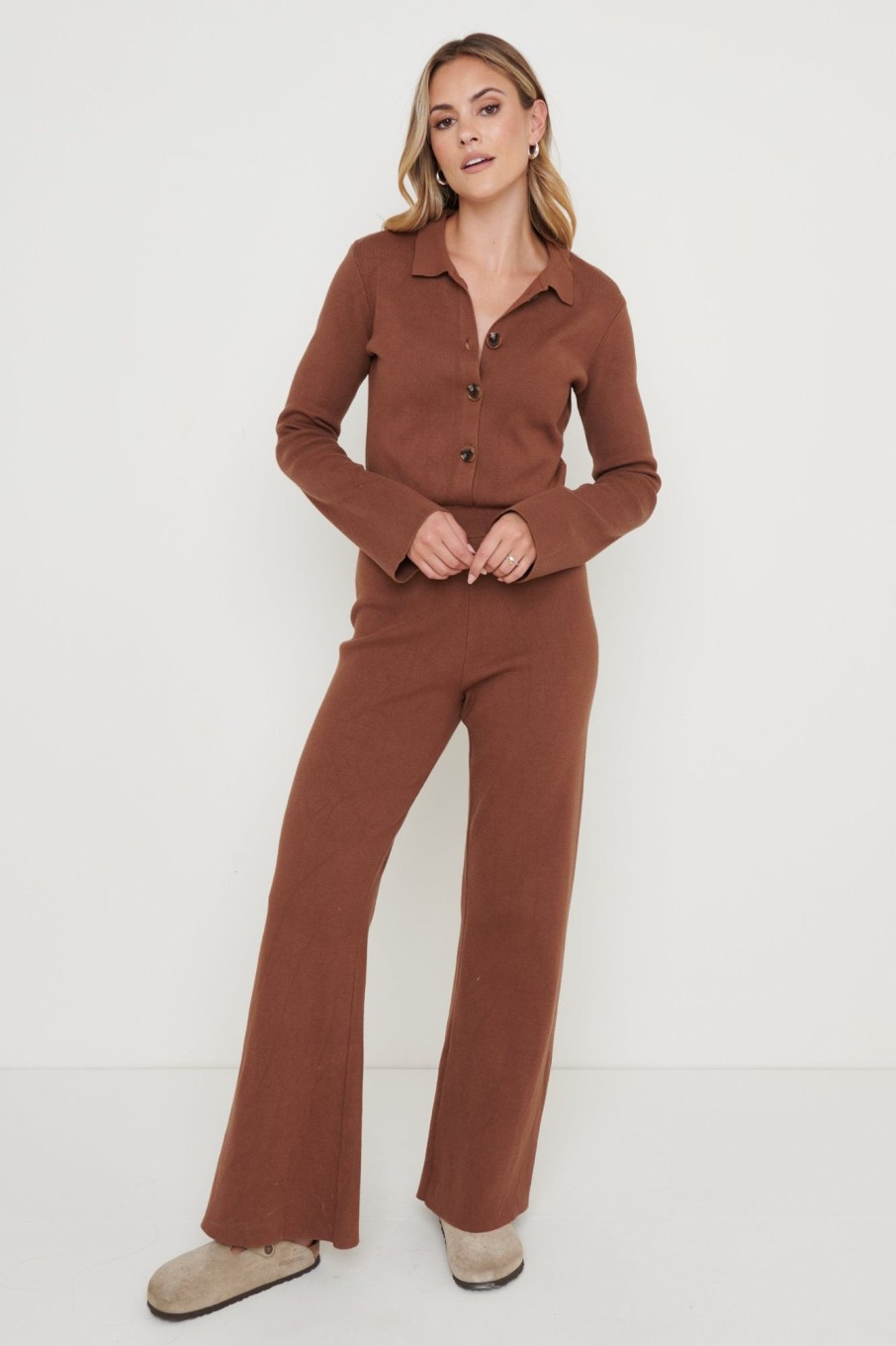 Clothing Pretty Lavish | Daisy Wide Leg Knit Jumpsuit Brown