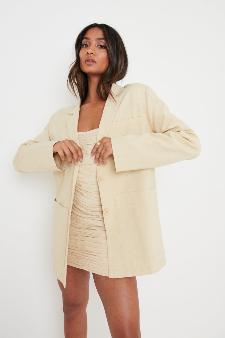 Clothing Pretty Lavish | Dylan Dad Linen Blazer Beige