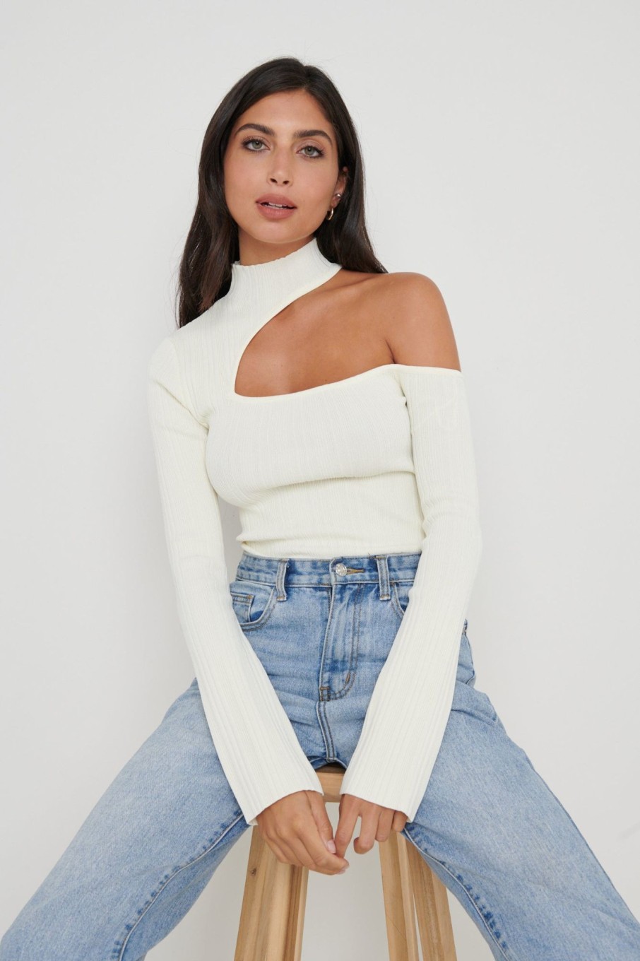 Clothing Pretty Lavish | Presley High Neck Cut Out Knit Top Cream