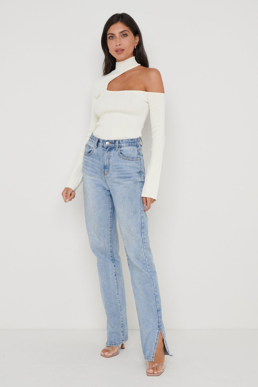 Clothing Pretty Lavish | Presley High Neck Cut Out Knit Top Cream