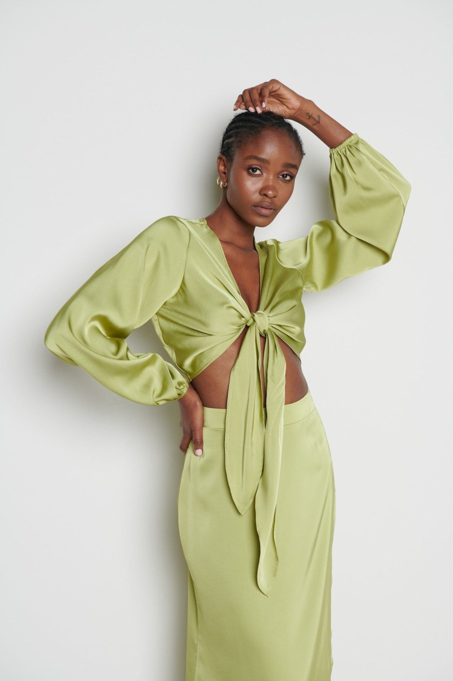 Clothing Pretty Lavish | Ashton Tie Knot Blouse Tarragon