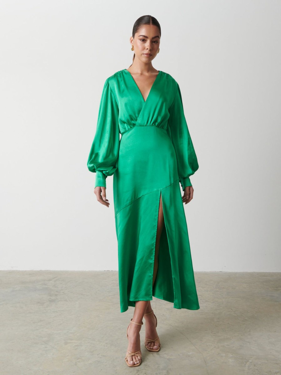 Clothing Pretty Lavish | Annalise Backless Balloon Sleeve Satin Dress Emerald