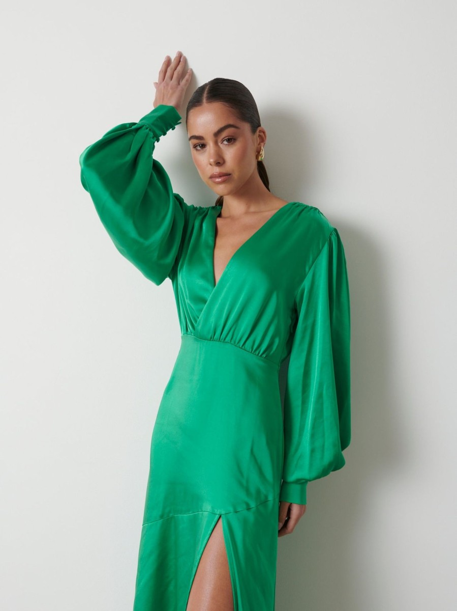 Clothing Pretty Lavish | Annalise Backless Balloon Sleeve Satin Dress Emerald