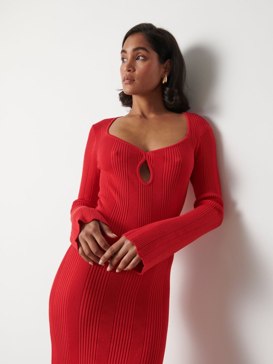 Clothing Pretty Lavish | Lana Sweetheart Neck Knit Dress Red