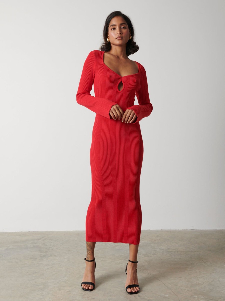 Clothing Pretty Lavish | Lana Sweetheart Neck Knit Dress Red