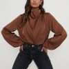 Clothing Pretty Lavish | Tate Cowl Neck Pleated Blouse Brown