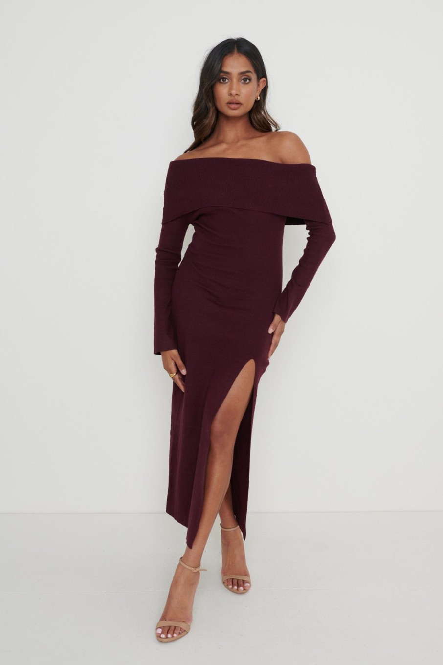 Clothing Pretty Lavish | Payton Asymmetric Bardot Knit Dress Red