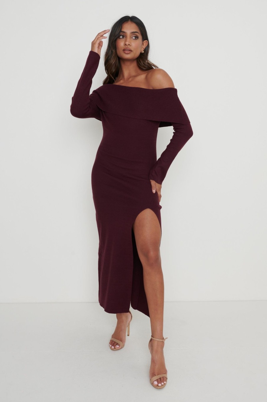 Clothing Pretty Lavish | Payton Asymmetric Bardot Knit Dress Red