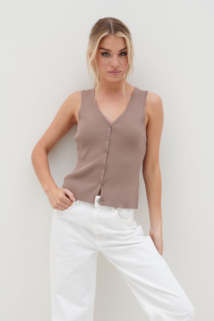 Clothing Pretty Lavish | Casey Sleeveless Button Top Taupe