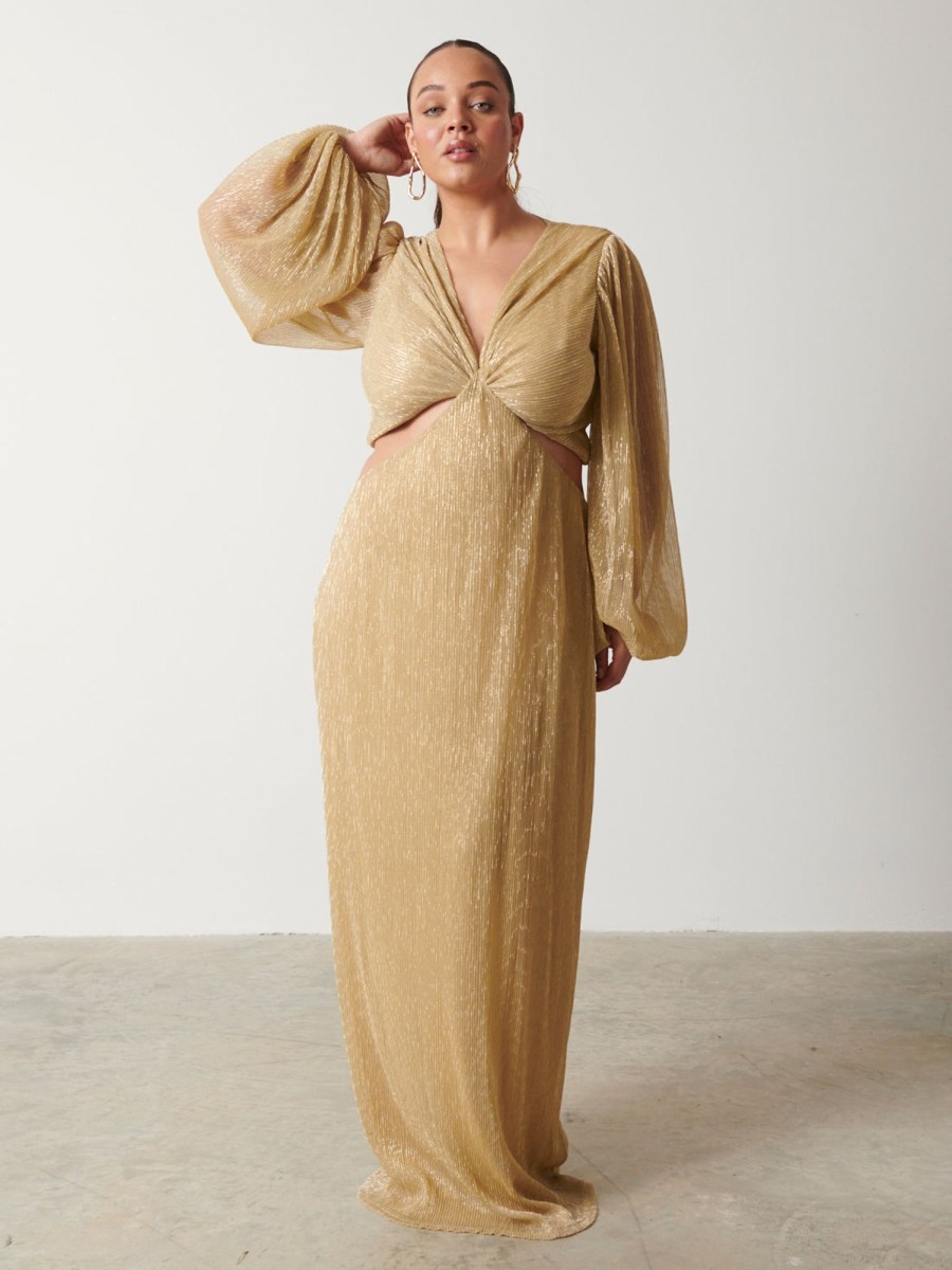 Clothing Pretty Lavish | Zaya Plisse Metallic Maxi Dress Curve Gold