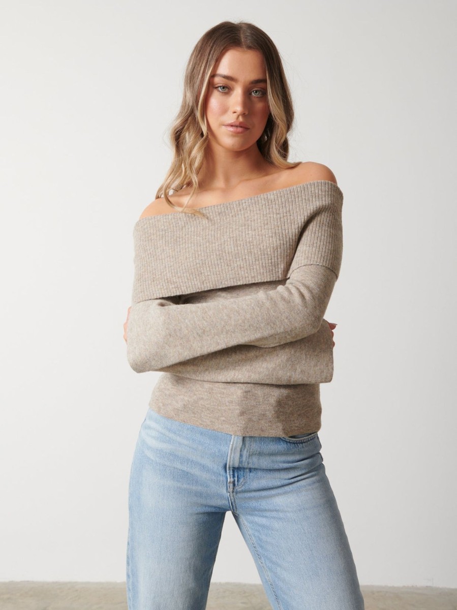 Clothing Pretty Lavish | Soreya Bardot Knit Top Beige