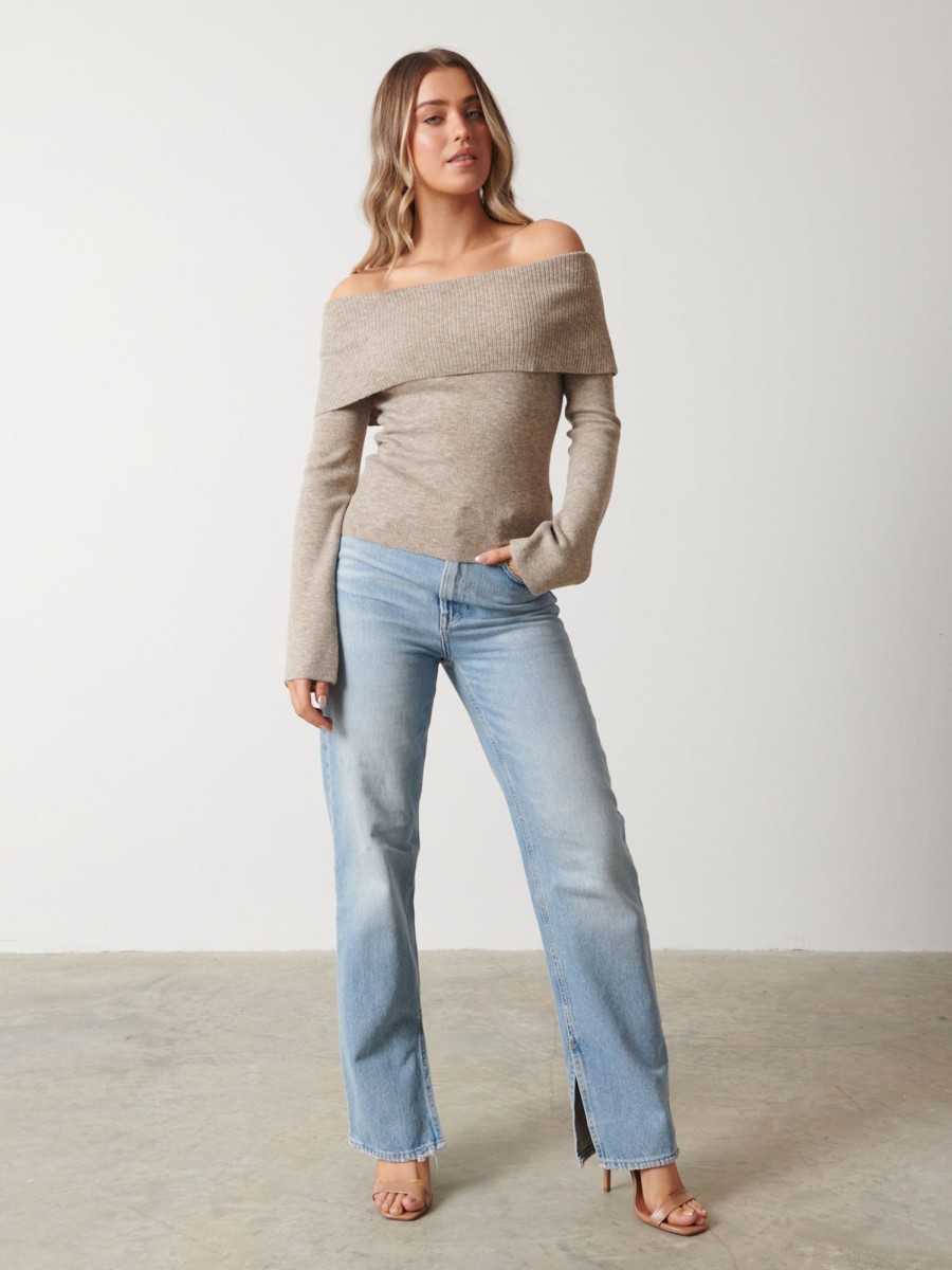 Clothing Pretty Lavish | Soreya Bardot Knit Top Beige