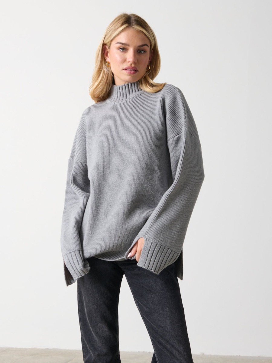 Clothing Pretty Lavish | Amory Grown Neck Knit Jumper Grey