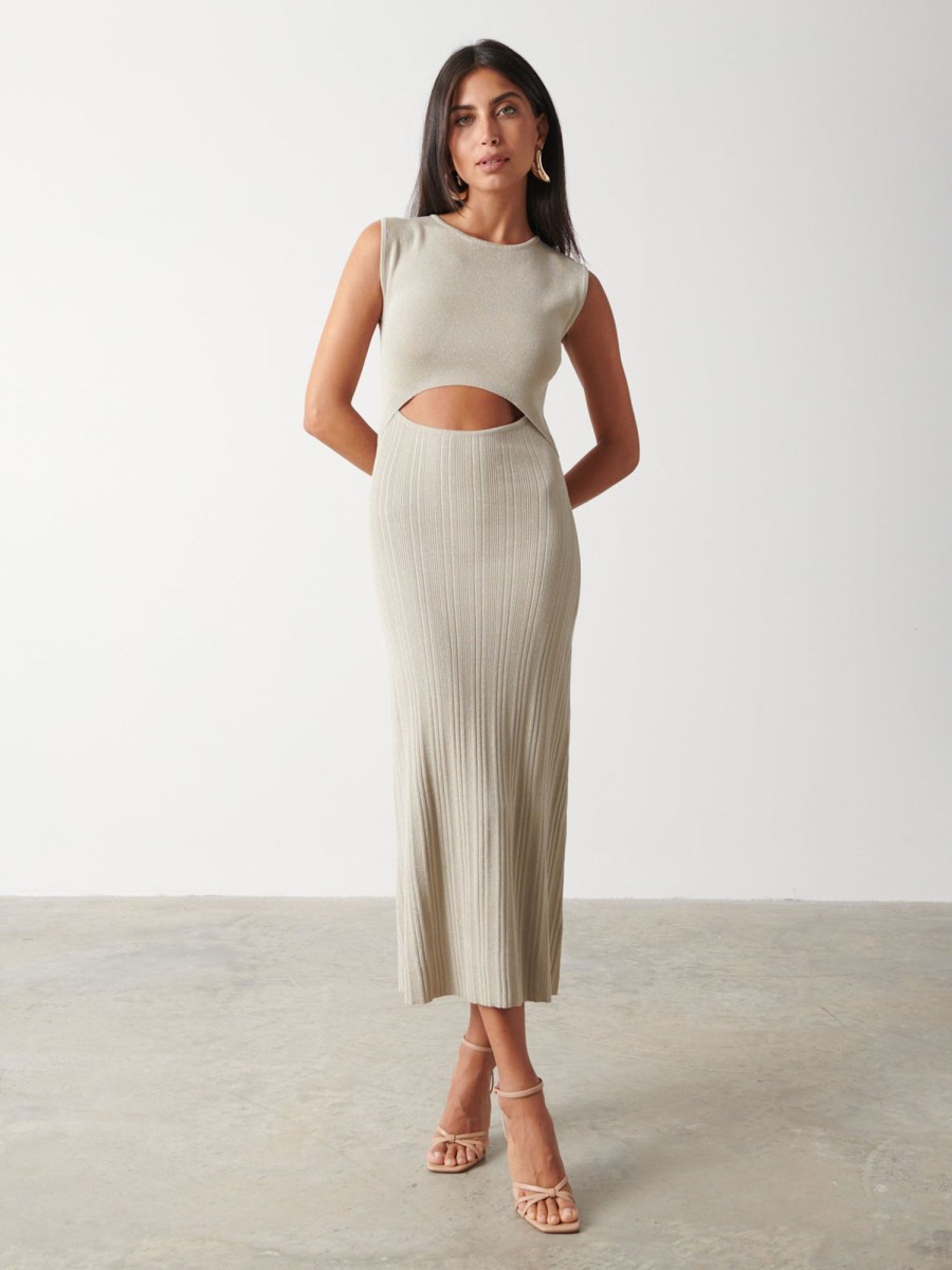 Clothing Pretty Lavish | Georgie Plisse Knit Midaxi Dress Champagne