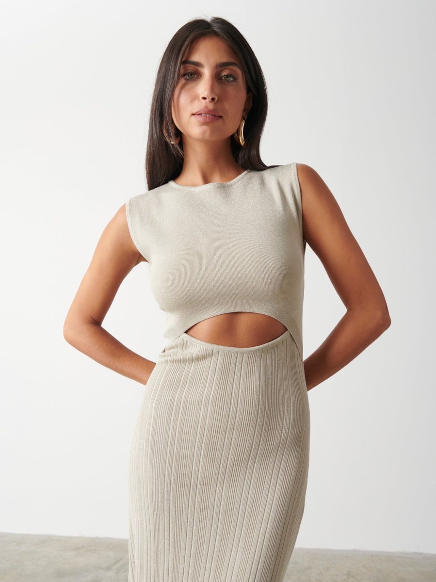 Clothing Pretty Lavish | Georgie Plisse Knit Midaxi Dress Champagne