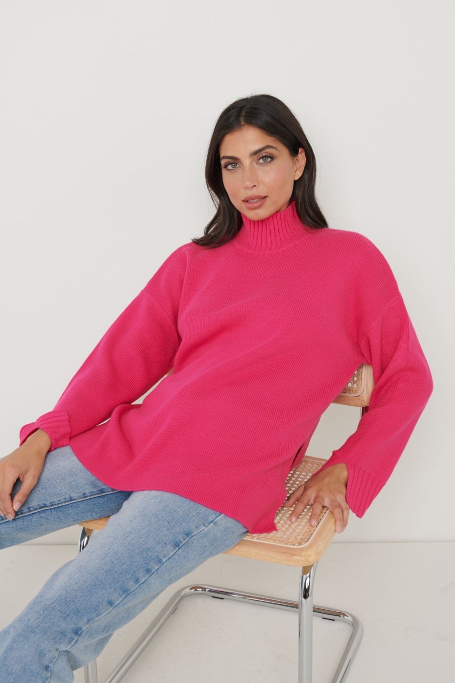 Clothing Pretty Lavish | Amory Grown Neck Knit Jumper Pink