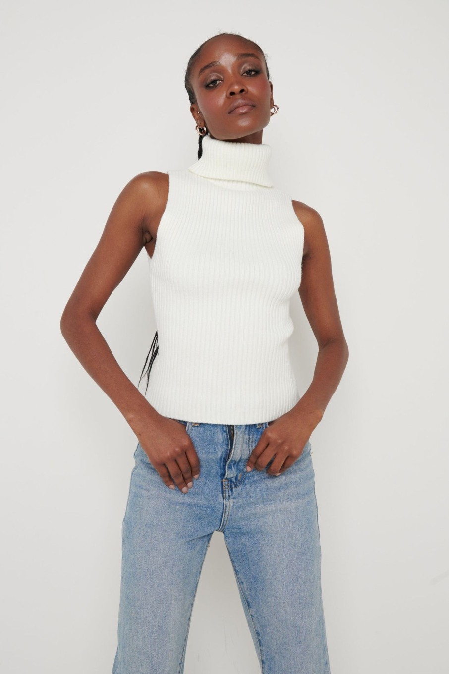 Clothing Pretty Lavish | Lulu Sleeveless Ribbed Roll Neck Cream