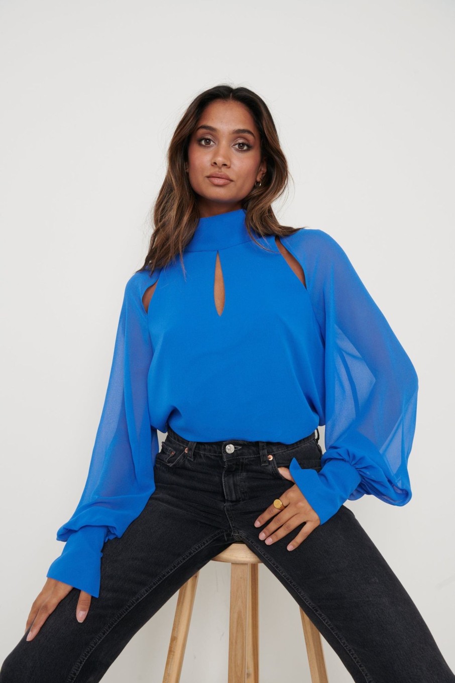 Clothing Pretty Lavish | Romy Cut Out High Neck Blouse Blue