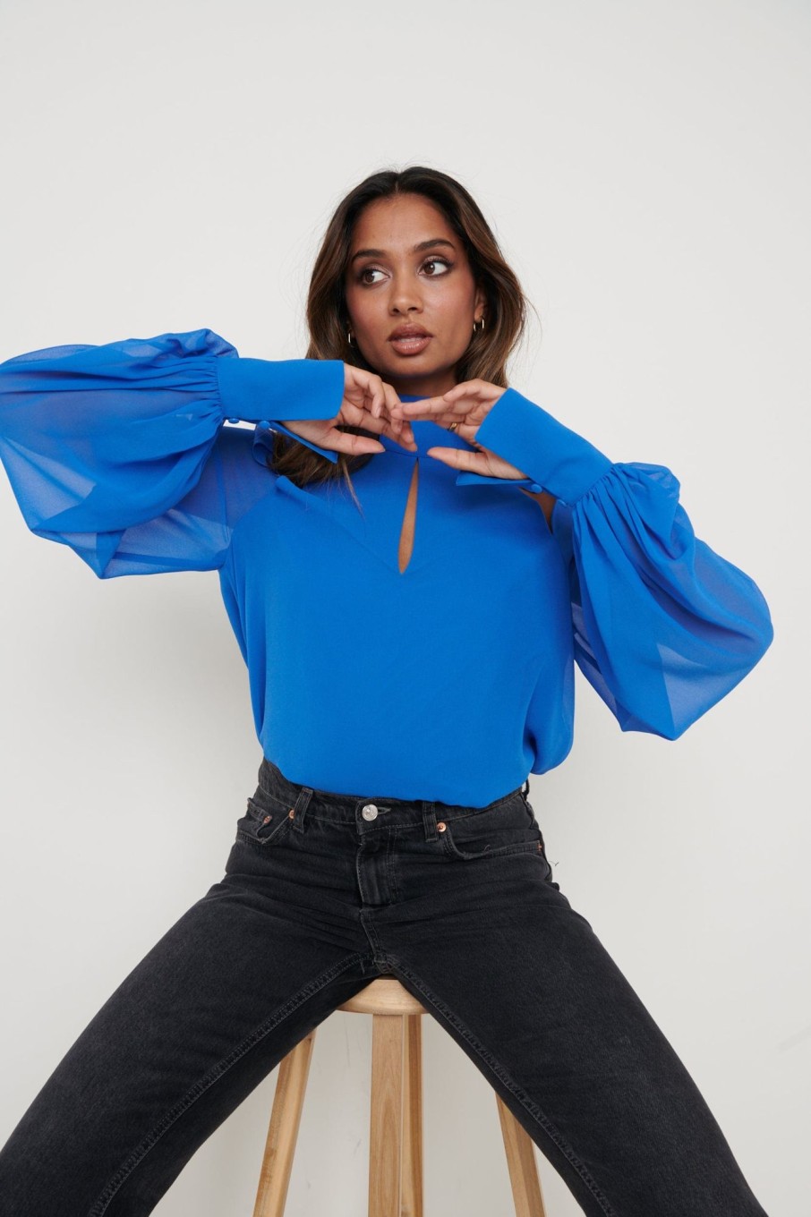 Clothing Pretty Lavish | Romy Cut Out High Neck Blouse Blue