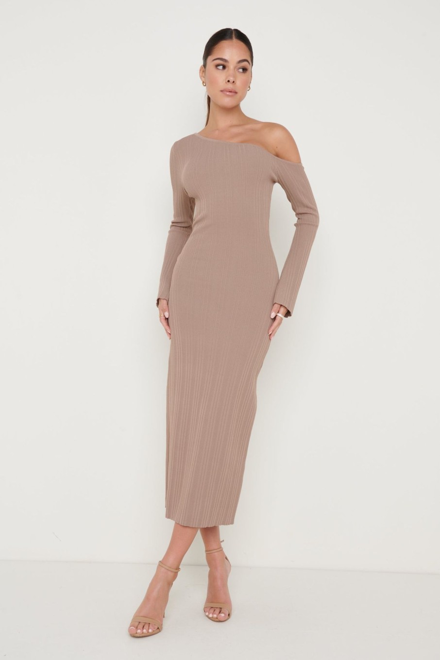 Clothing Pretty Lavish | Anouska Asymmetric Knit Dress Taupe