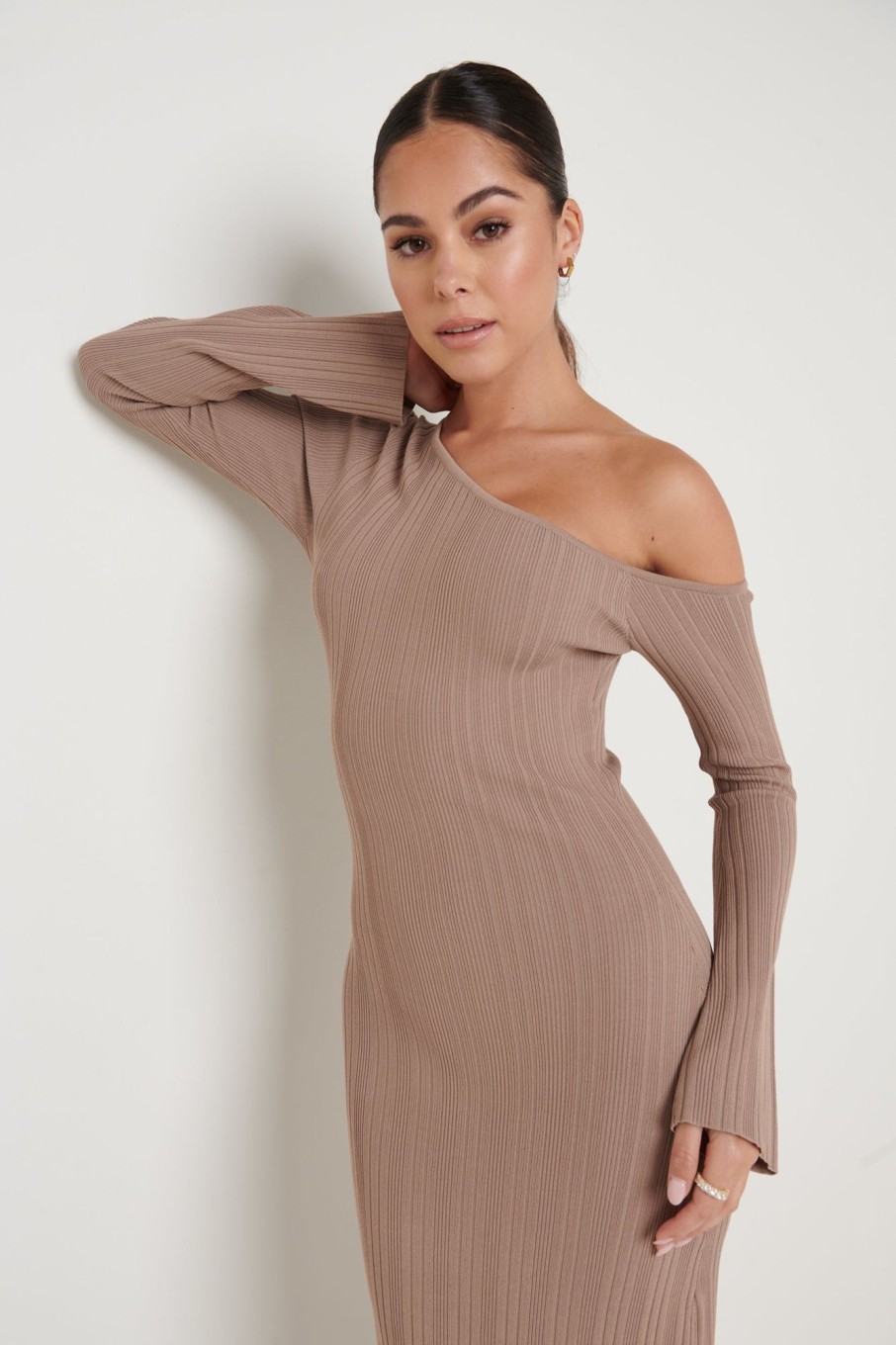 Clothing Pretty Lavish | Anouska Asymmetric Knit Dress Taupe