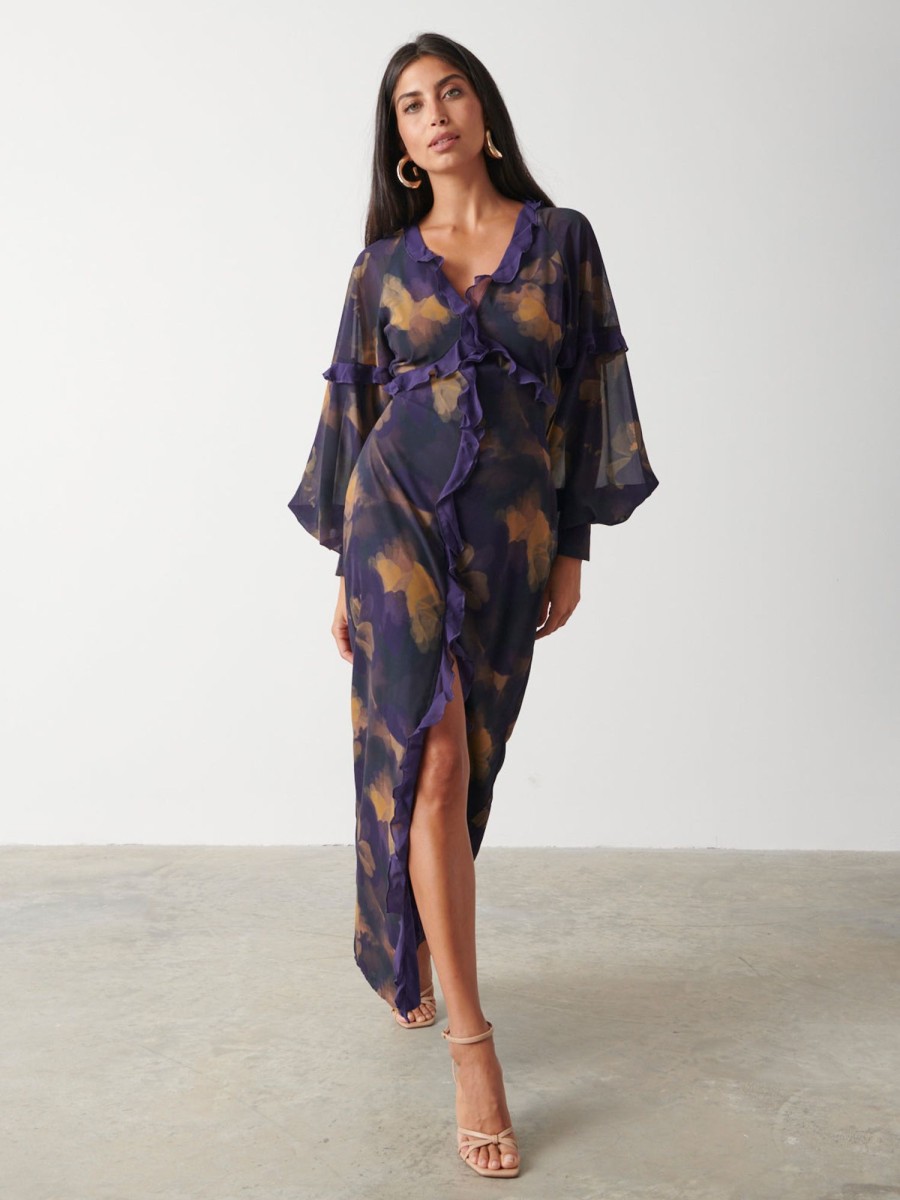 Clothing Pretty Lavish | Francesca Frill Maxi Dress Dark Amethyst & Saffron Floral