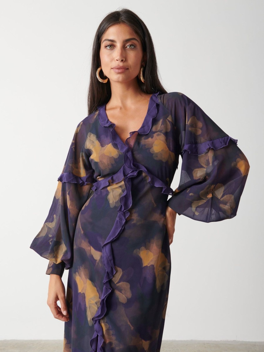 Clothing Pretty Lavish | Francesca Frill Maxi Dress Dark Amethyst & Saffron Floral