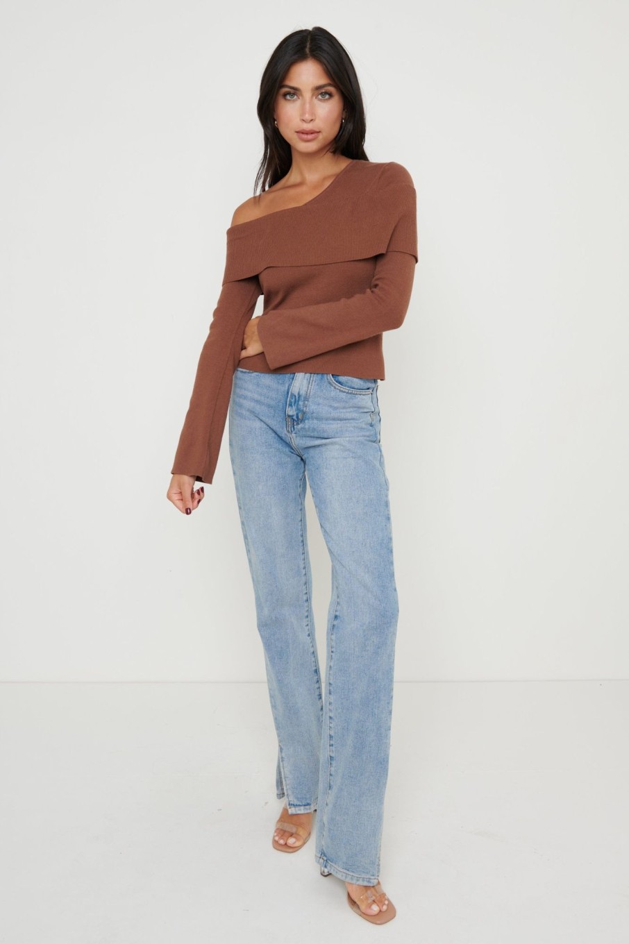 Clothing Pretty Lavish | Brigitte Asymmetric Knit Top Brown