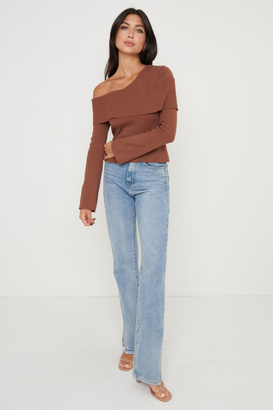 Clothing Pretty Lavish | Brigitte Asymmetric Knit Top Brown