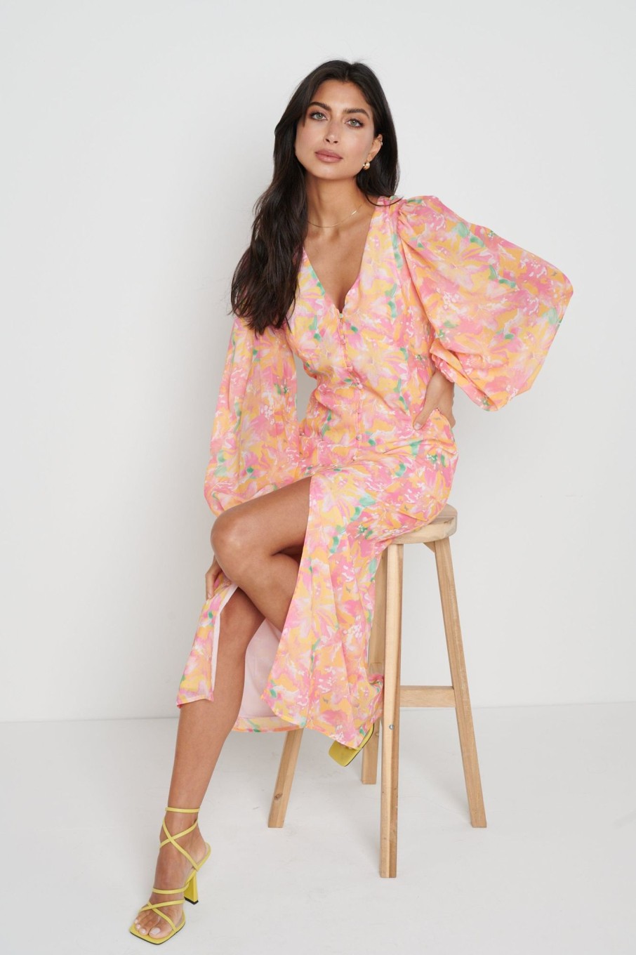 Clothing Pretty Lavish | Naya Midaxi Dress Orange And Pink Floral