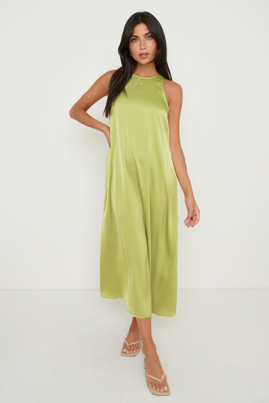 Clothing Pretty Lavish | Pascale Satin Day Dress Tarragon