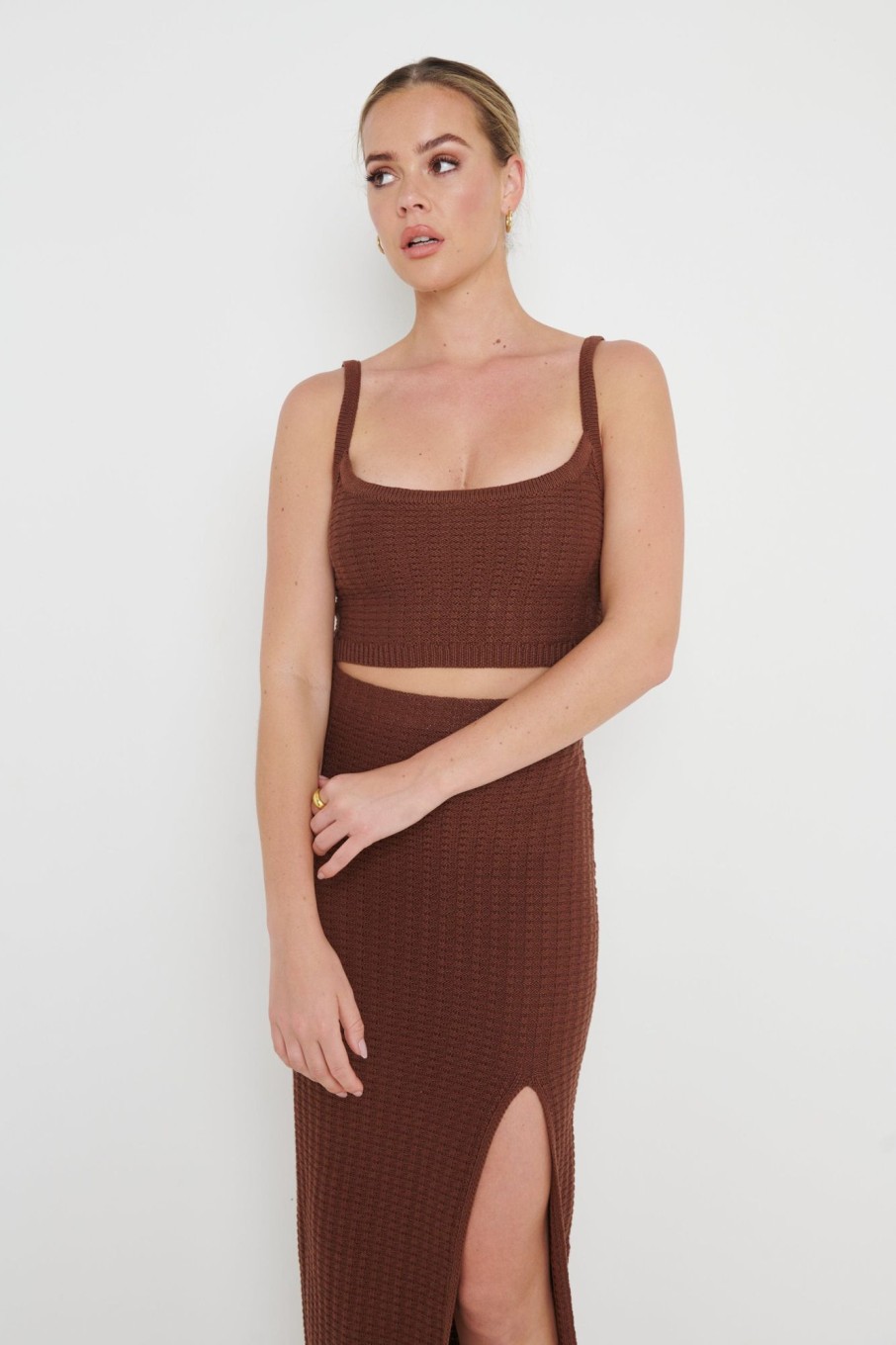 Clothing Pretty Lavish | Celine Crochet Knit Cami Top Brown