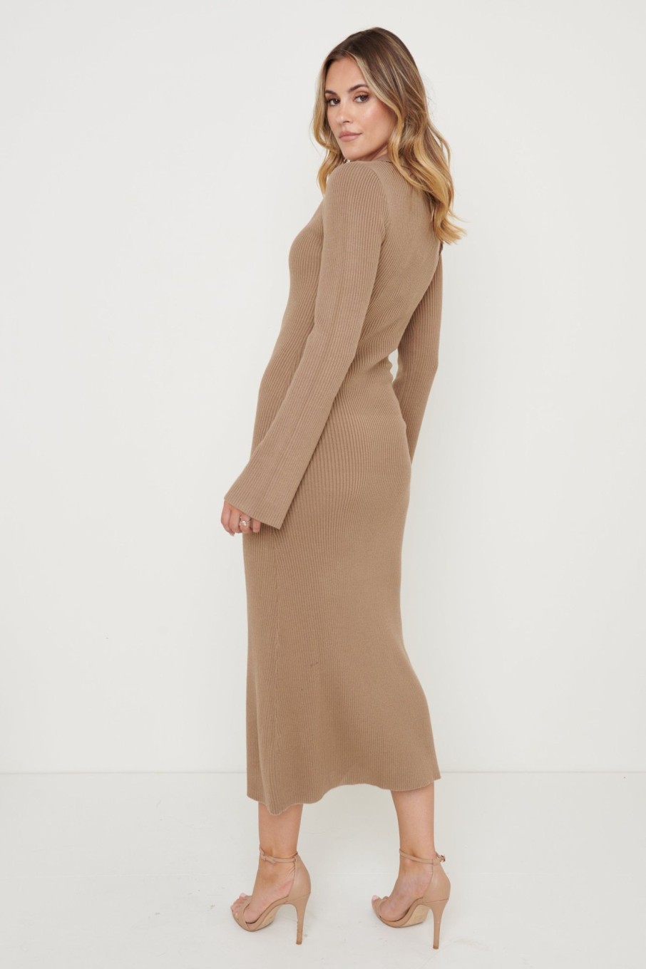 Clothing Pretty Lavish | Luna Button V-Neck Knit Dress Taupe