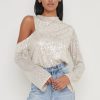 Clothing Pretty Lavish | Jett Sequin Asymmetric Blouse Silver