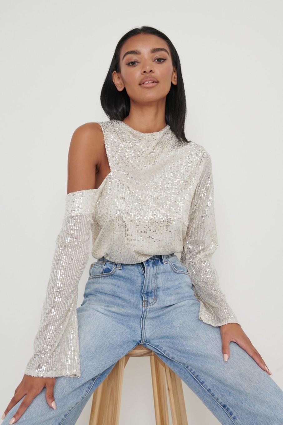 Clothing Pretty Lavish | Jett Sequin Asymmetric Blouse Silver