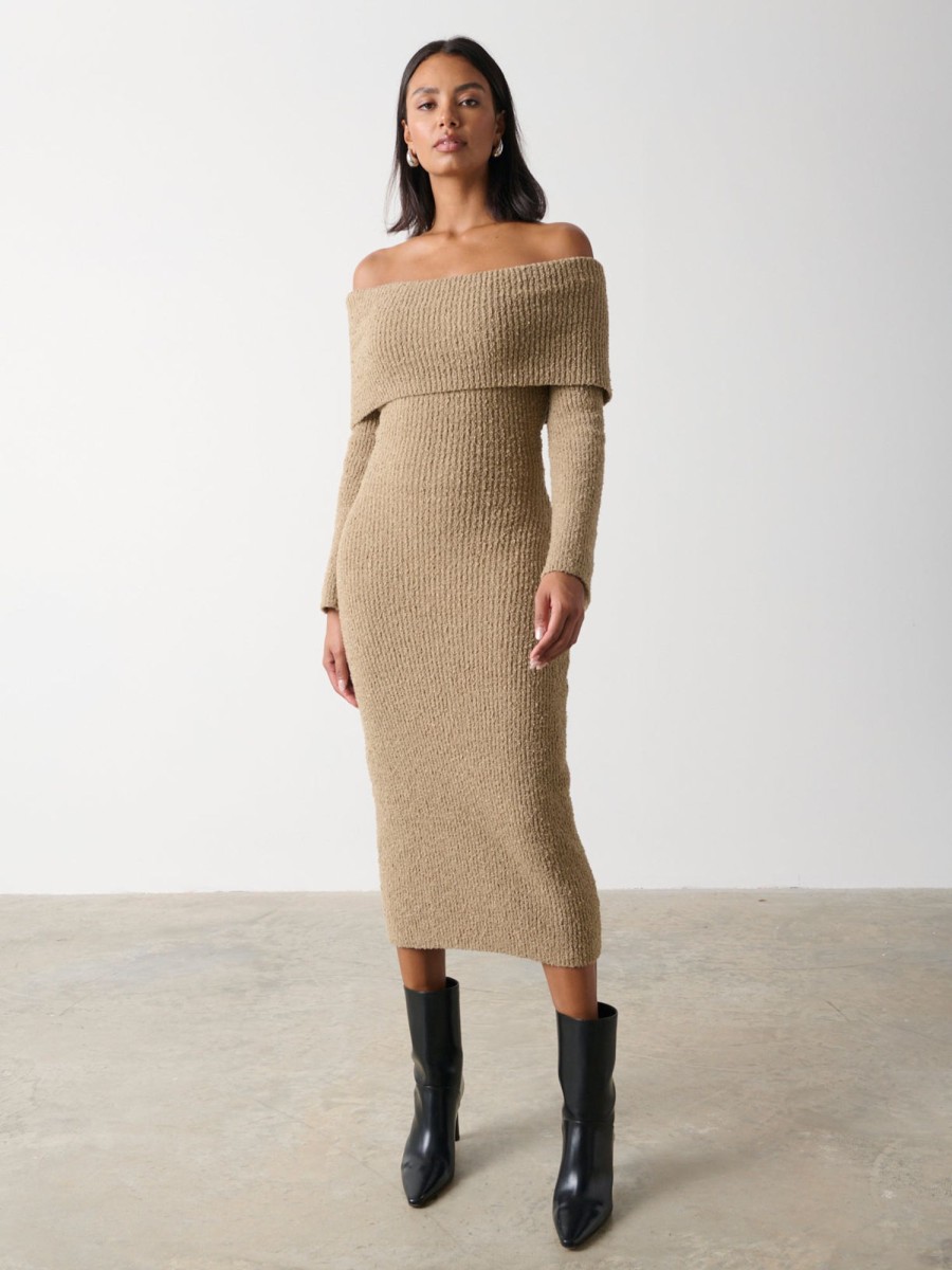 Clothing Pretty Lavish | Elodie Midaxi Bardot Knit Dress Mushroom