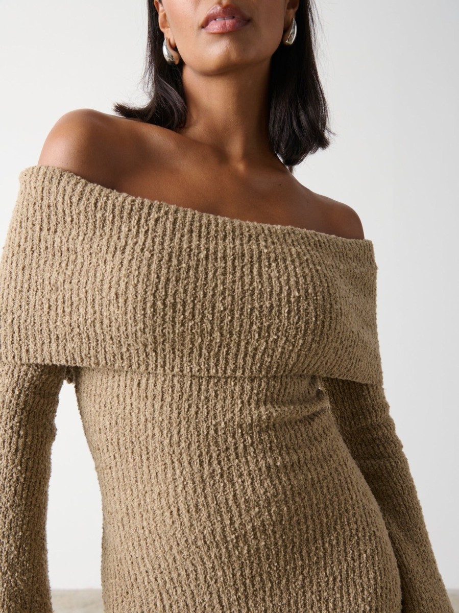 Clothing Pretty Lavish | Elodie Midaxi Bardot Knit Dress Mushroom