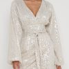 Clothing Pretty Lavish | Tori Balloon Sleeve Sequin Dress Silver