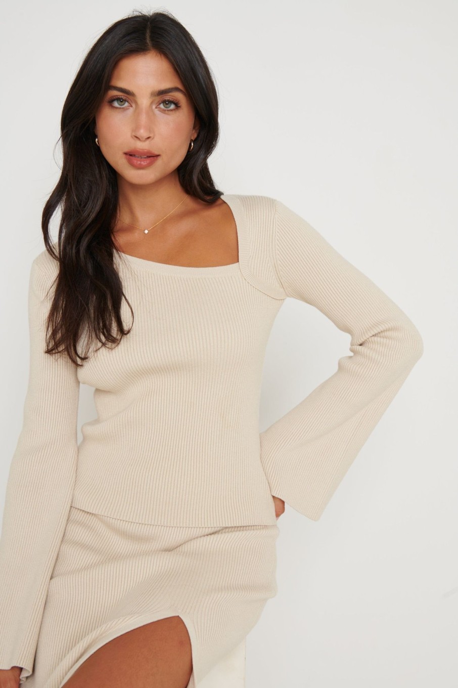 Clothing Pretty Lavish | Blythe Cut Out Knit Top Beige