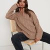 Clothing Pretty Lavish | Braelyn Zip Collared Knit Jumper Brown