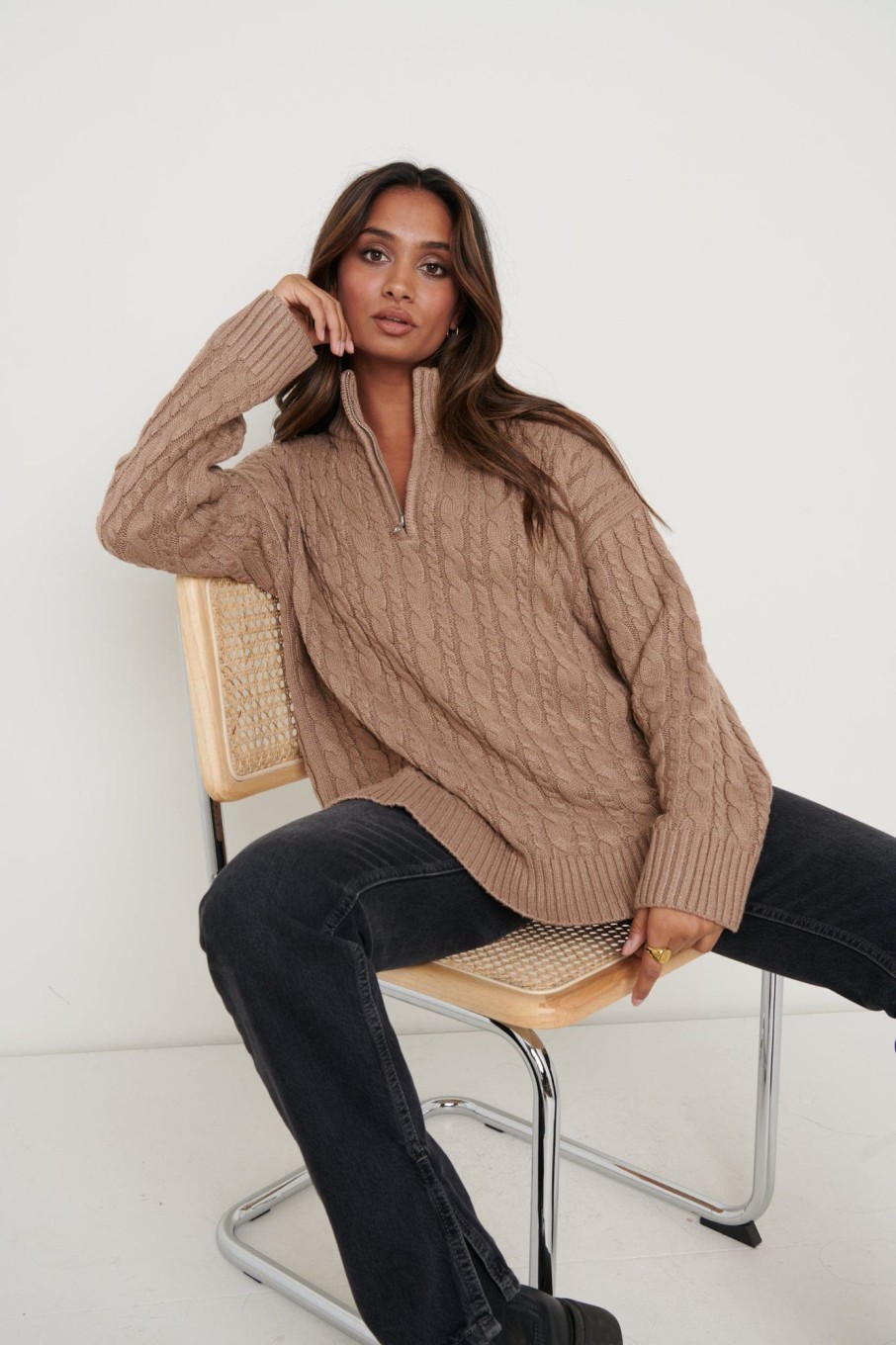 Clothing Pretty Lavish | Braelyn Zip Collared Knit Jumper Brown