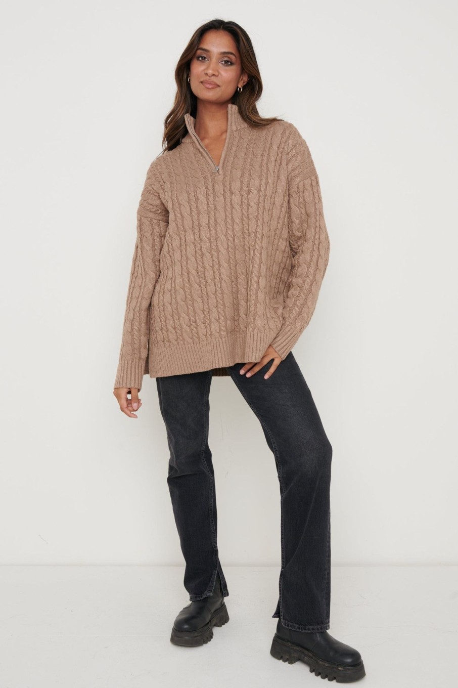 Clothing Pretty Lavish | Braelyn Zip Collared Knit Jumper Brown