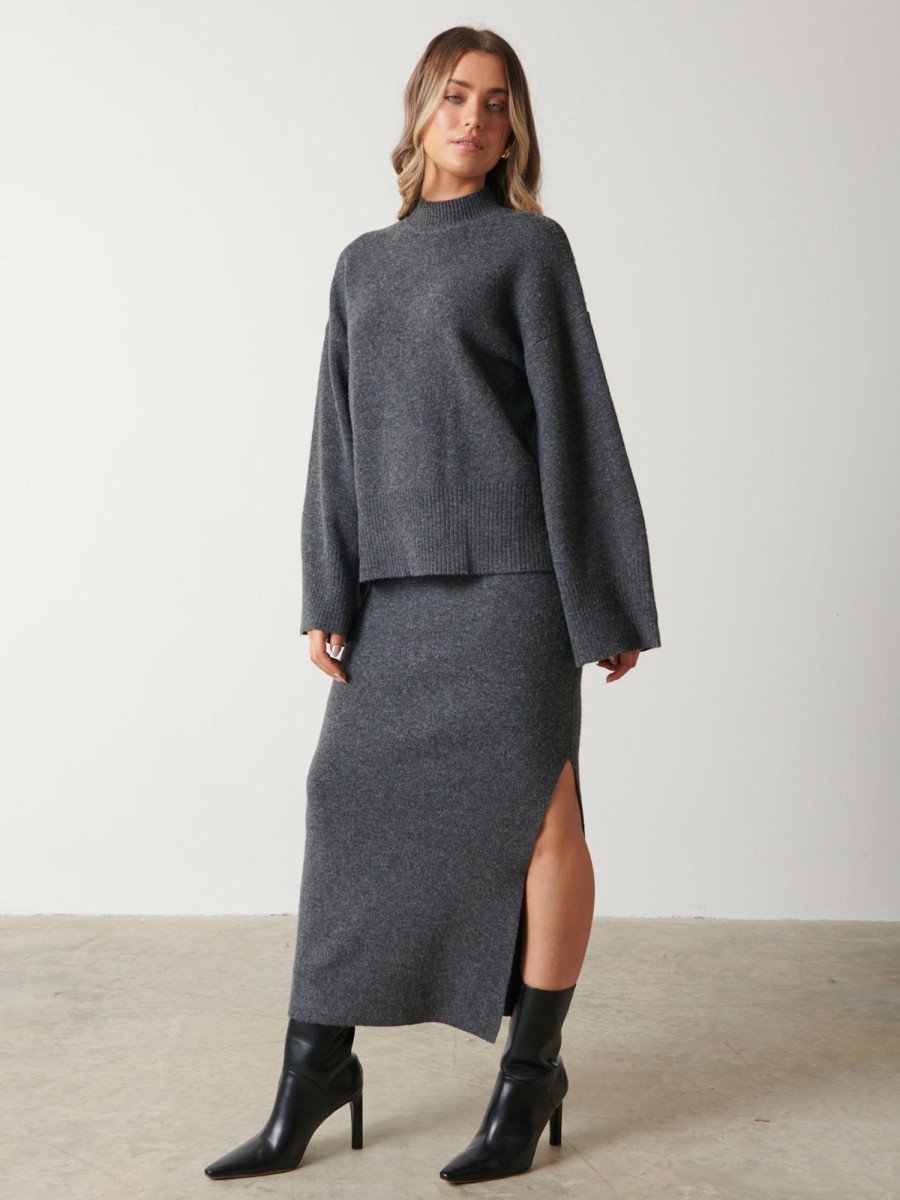 Clothing Pretty Lavish | Sloane Knit Slit Midaxi Skirt Charcoal