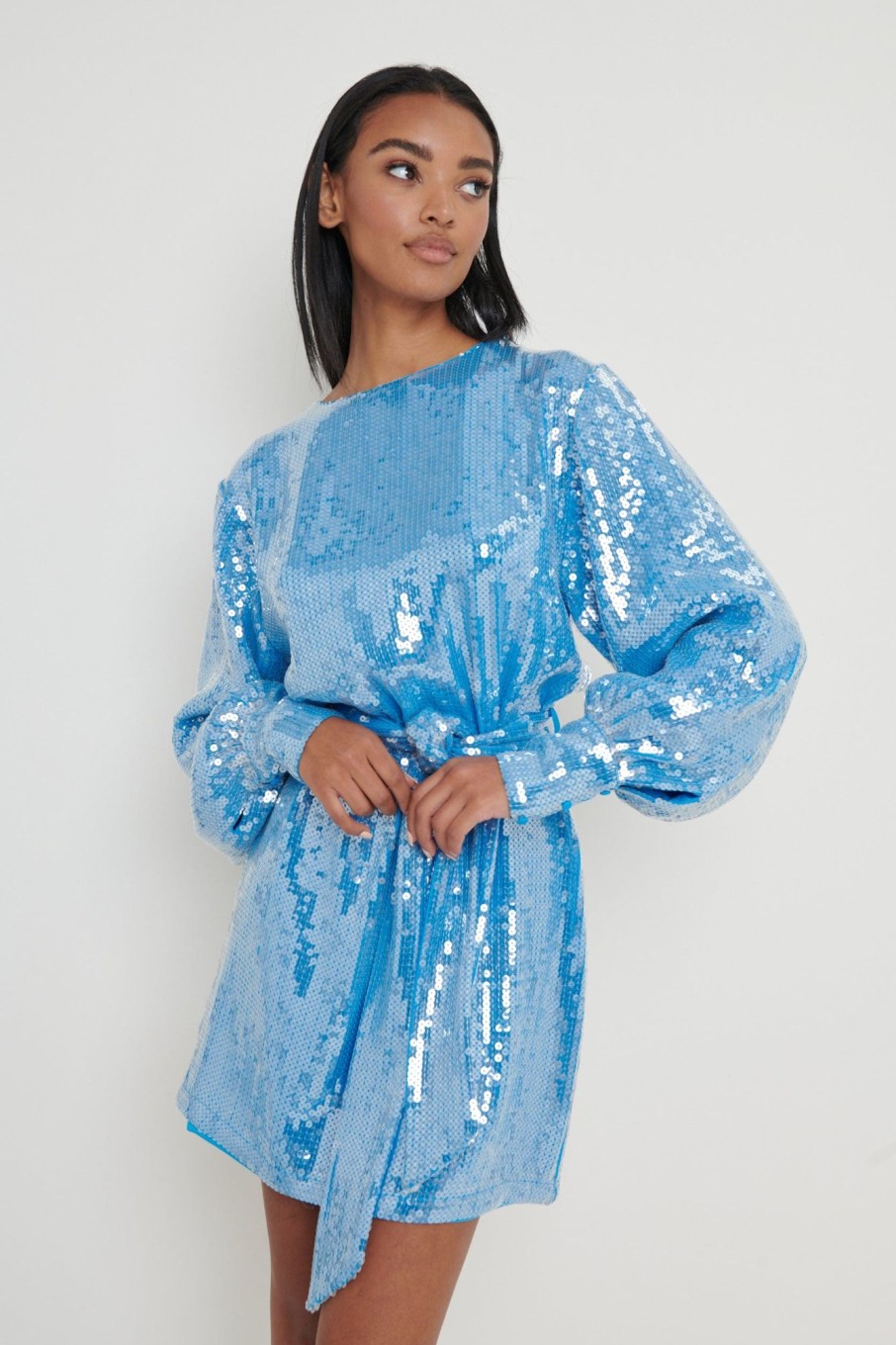 Clothing Pretty Lavish | Addison Sequin Tie Belt Dress Blue