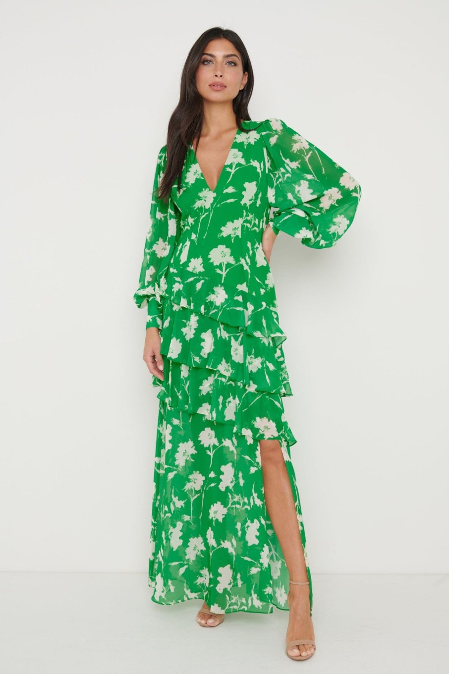 Clothing Pretty Lavish | Sabrinna Backless Ruffle Dress Green Floral