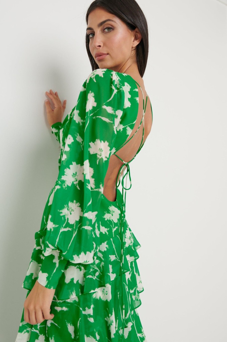 Clothing Pretty Lavish | Sabrinna Backless Ruffle Dress Green Floral