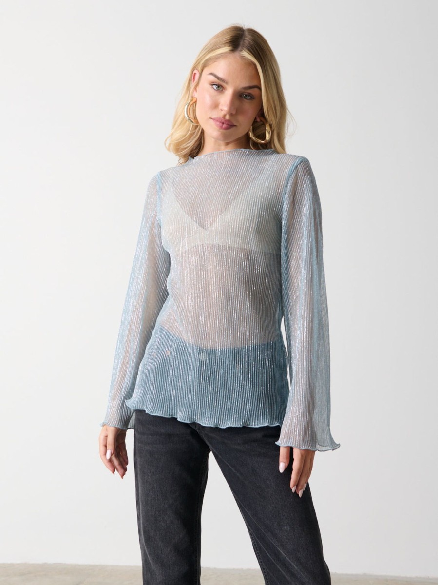 Clothing Pretty Lavish | Fraser Sheer Plisse Top Powder Blue